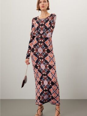 Cara Cara Black and Coral Long-Sleeve Maxi Dress with Geometric Print